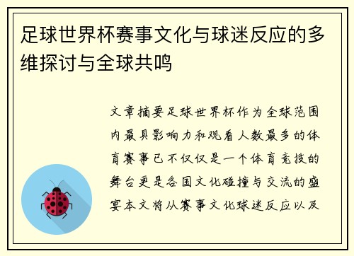足球世界杯赛事文化与球迷反应的多维探讨与全球共鸣